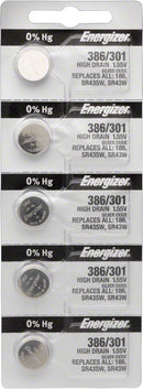 Energizer 386 / 301 Silver Oxide High-Drain Battery 1.55v: Card of 5