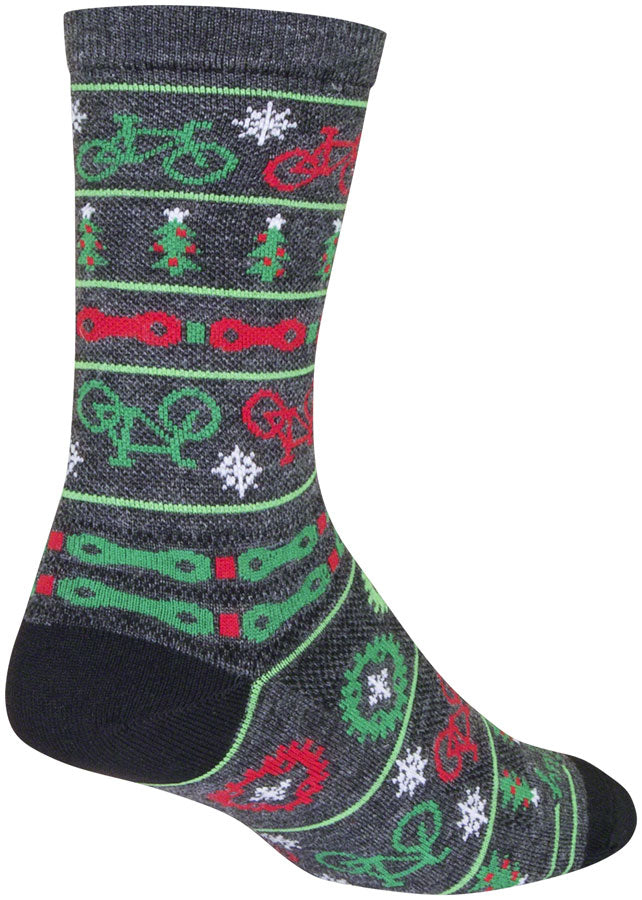 SockGuy Wool Ride Merry Crew Socks - 6" Gray/Red/Green Small/Medium
