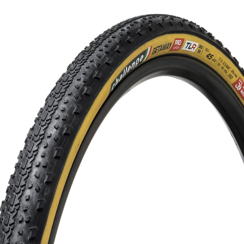 Challenge GETAWAY Pro TLR Gravel Tire 700x45C Folding Tubeless Ready Natural SuperPoly PPS 260TPI Tanwall