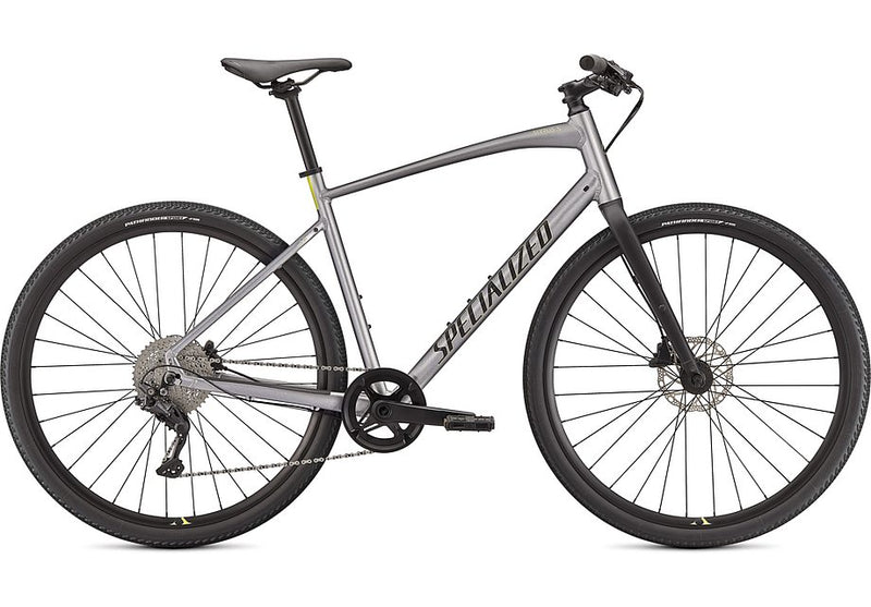 2021 Specialized sirrus x 3.0 bike gloss flake silver / ice yellow / satin black reflective xxs