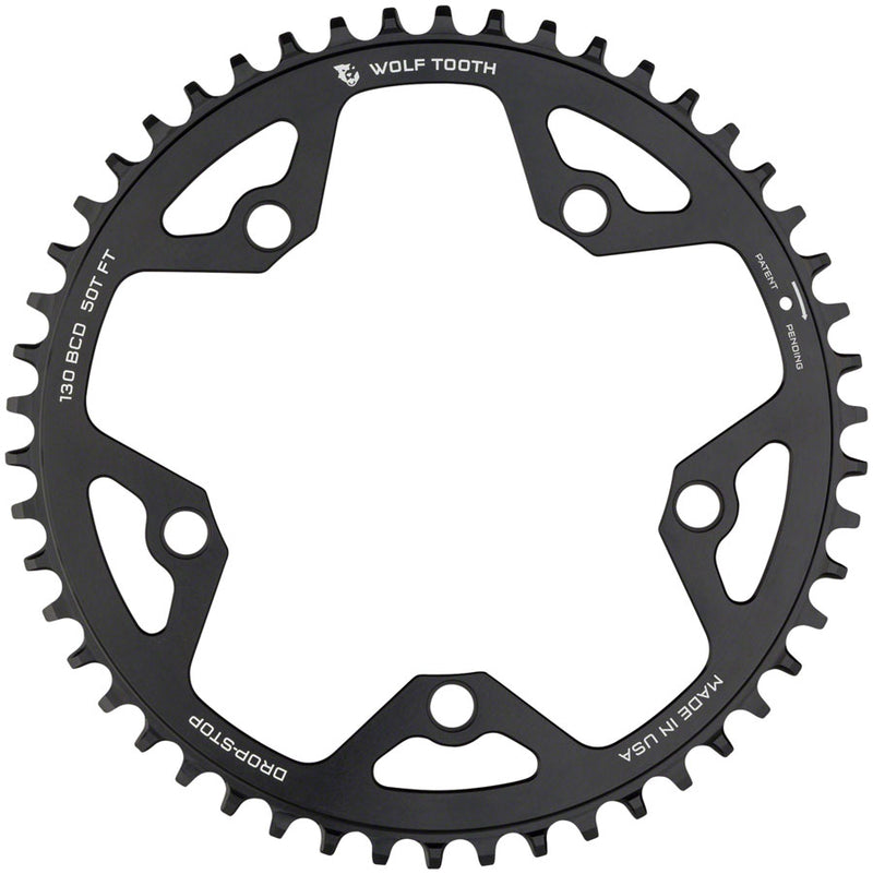 Wolf Tooth 130 BCD Road Cyclocross Chainring - 52t 130 BCD 5-Bolt Drop-Stop 10/11/12-Speed Eagle Flattop Compatible BLK