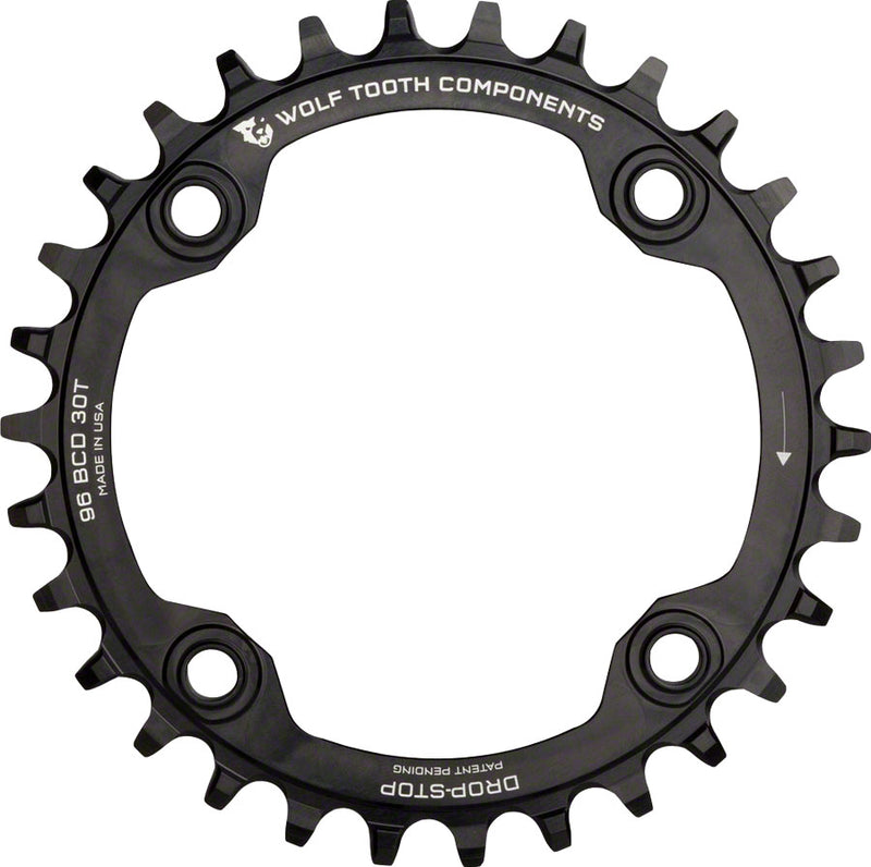 Wolf Tooth 96 Symmetrical BCD Chainring - 30t 96 BCD 4-Bolt Drop-Stop For Shimano Cranks BLK