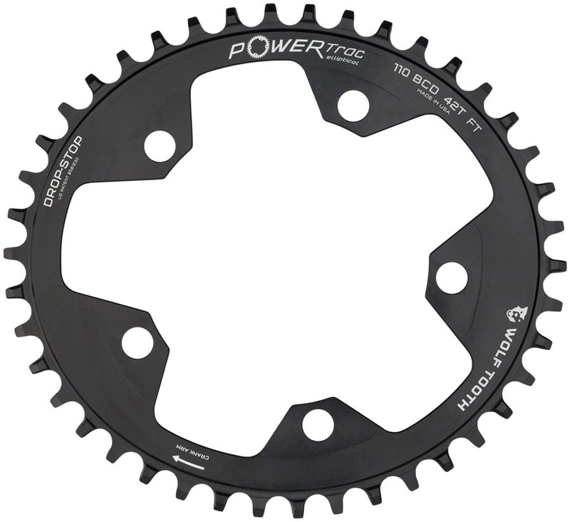 Wolf Tooth Elliptical 110 BCD Chainring - 38t 110 BCD 5-Bolt Drop-Stop 10/11/12-Speed Eagle Flattop Compatible BLK