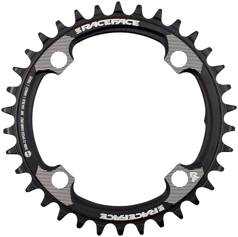 RaceFace 1x 104 BCD Hyperglide+ Chainring - 34t 104 BCD 4-Bolt Requires Shimano 12-speed Hyperglide+ Chain 7075 Aluminum BLK
