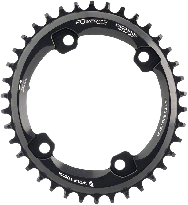 Wolf Tooth Elliptical Shimano 110 Asymmetric BCD Chainring - 38t 110 Asymmetric BCD 4-Bolt Drop-Stop For Shimano GRX Cranks BLK