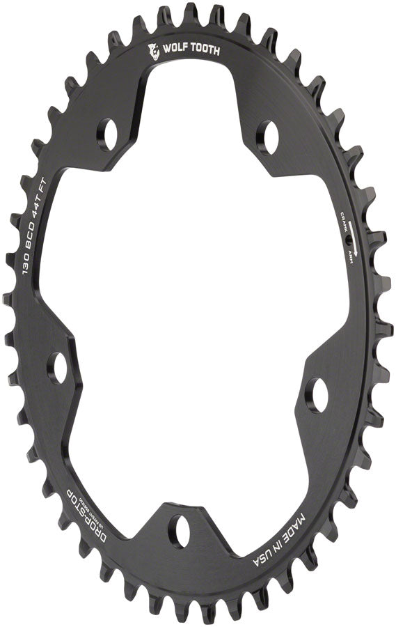 Wolf Tooth 130 BCD Road Cyclocross Chainring - 44t 130 BCD 5-Bolt Drop-Stop 10/11/12-Speed Eagle Flattop Compatible BLK