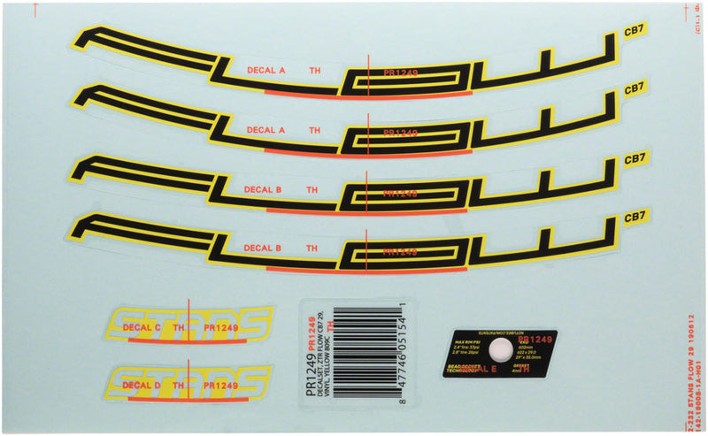 Stan's No Tubes Flow CB7 Rim Decal - 27.5" Yellow Set